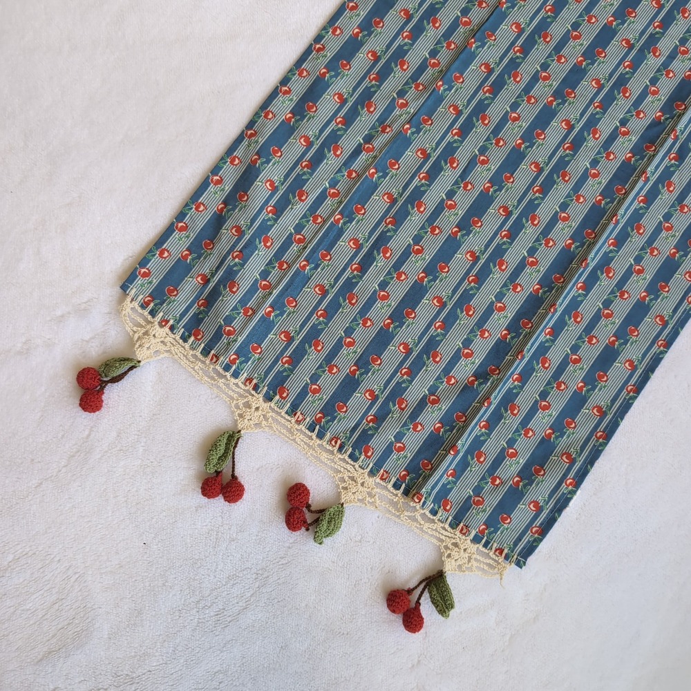 Vintage Cherry Kitchen Towel Crocheted Cherry Tassels Blue Stripe Cottagecore‎